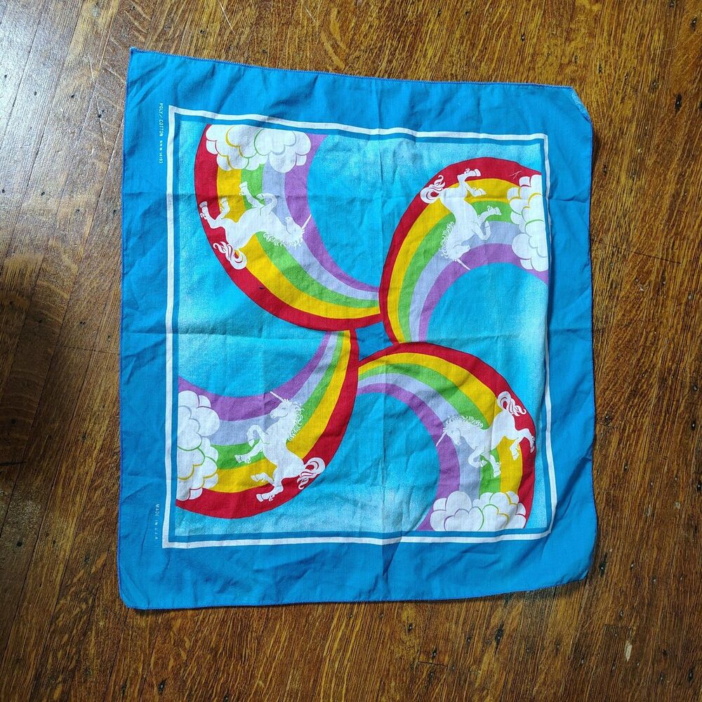 Vintage Unicorn Rainbow Bandana Scarf Handkerchief Blue USA Mythical Fantasy